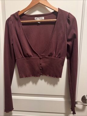 Urban Outfitters Mauve Ribbed Button-Front Long Sleeve Crop Top
